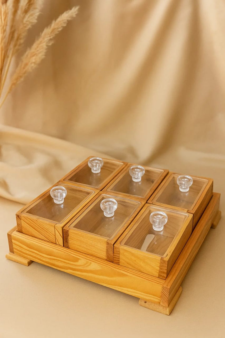 6 piece wooden spice rack set transparent lids wooden spoons Pakistan