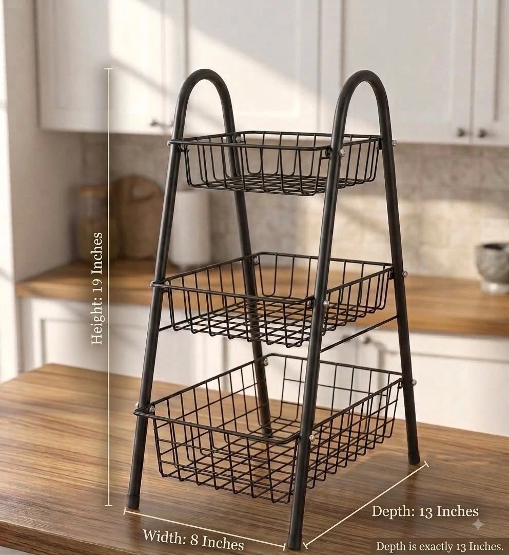 3 Tier Fruits Rack – Black Steel Fruit & Vegetable Storage Organizer