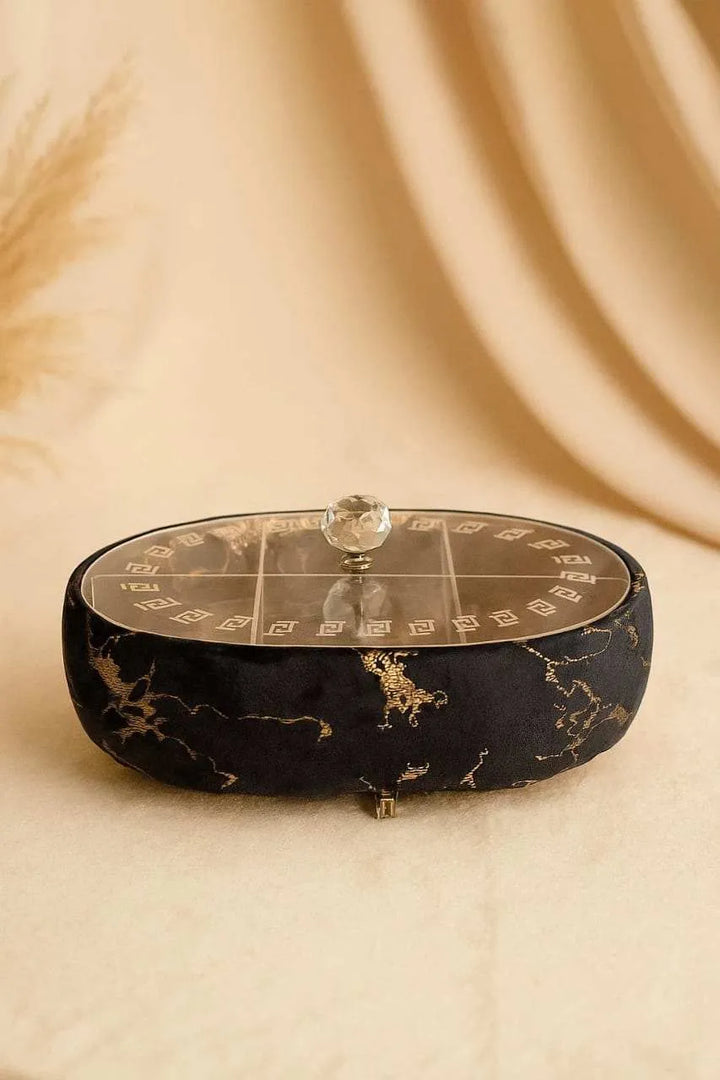 Black velvet hotpot with gold pattern and transparent lid for dry fruits serving