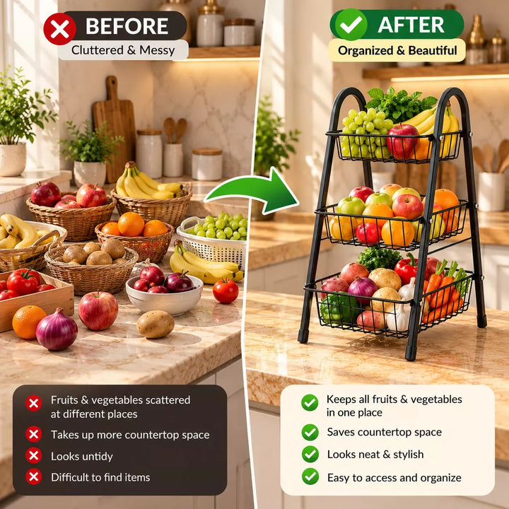 3 Tier Fruits Rack – Black Steel Fruit & Vegetable Storage Organizer