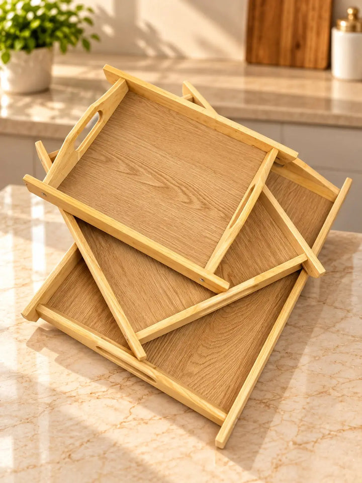 Natural Wooden Serving Tray Set with Handles — Simple Natural Finish (Set of 3)