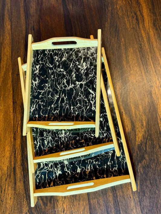 Black marble print wooden tray set large medium small Pakistan