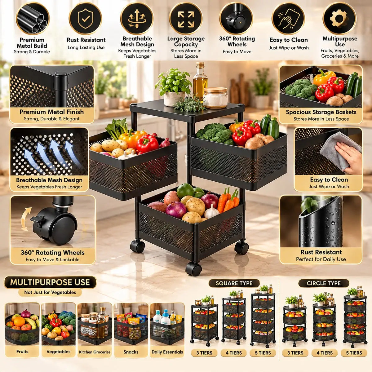 3-Tier Fruit Basket & Vegetable Basket Rack Combo – 3 Tier Kitchen Organizer