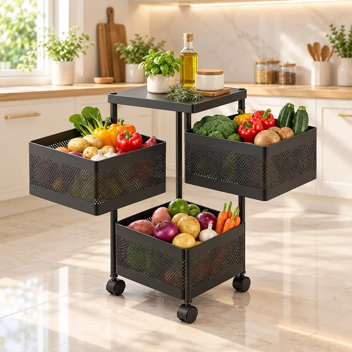 Multi-Tier Metal Vegetable Storage Rack with Wheels | Kitchen Organizer | 3,4,5 Tier