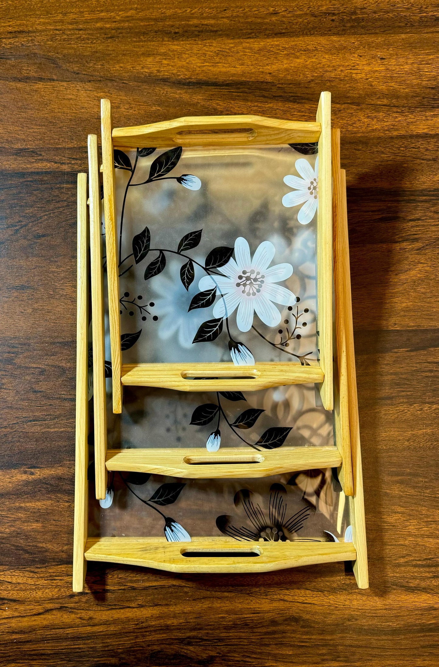 Wooden Acrylic Flower Design Serving Tray Set — 3 Piece Set (Small, Medium and Large)