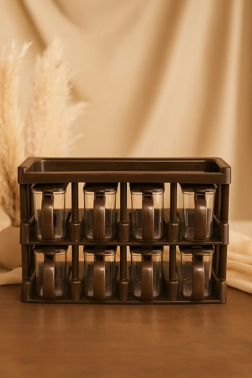 Elegant 8-in-1 Spice Jar Set with Organizer Rack –