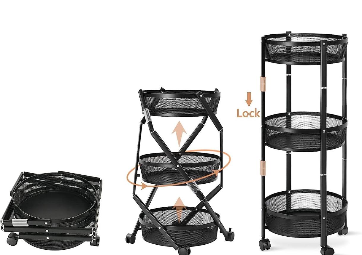 3-Tier Foldable Metal Storage Trolley with Wheels – Space Saving Organizer Rack