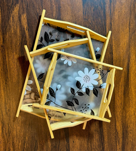Wooden acrylic flower design serving tray set three pieces Pakistan