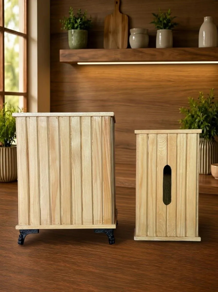 Wooden Tissue Box & Trash Basket Set | Premium Wooden Home Organizer