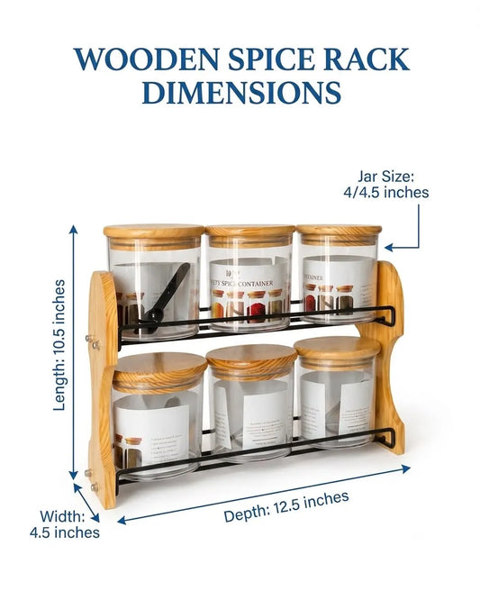 6 Jar Wooden Spice Rack Set with Airtight Containers & Spoons | Kitchen Counter Organizer