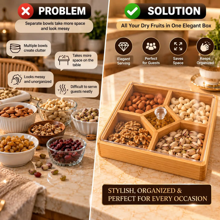 Natural Wooden Dry Fruit and Snack Box with Acrylic Cover — Handcrafted Serving and Storage Piece
