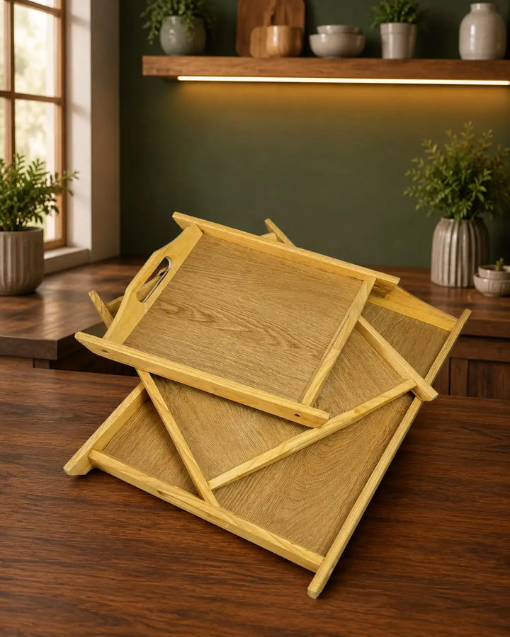 Natural Wooden Serving Tray Set with Handles — Simple Natural Finish (Set of 3)