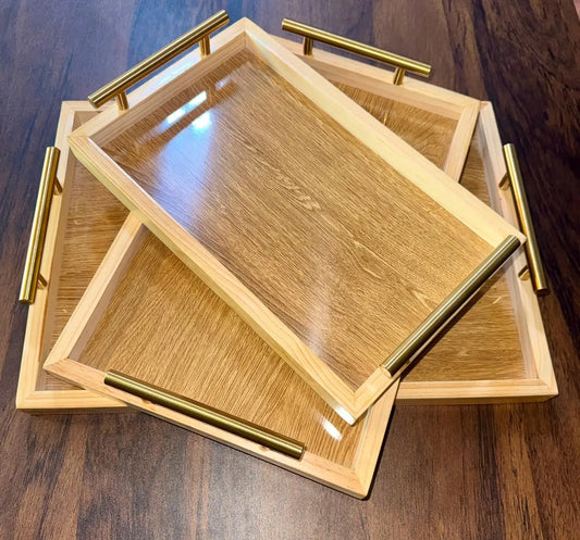 Natural Wooden Tray Set with Steel Handles — Modern Premium Serving Set (Set of 3)