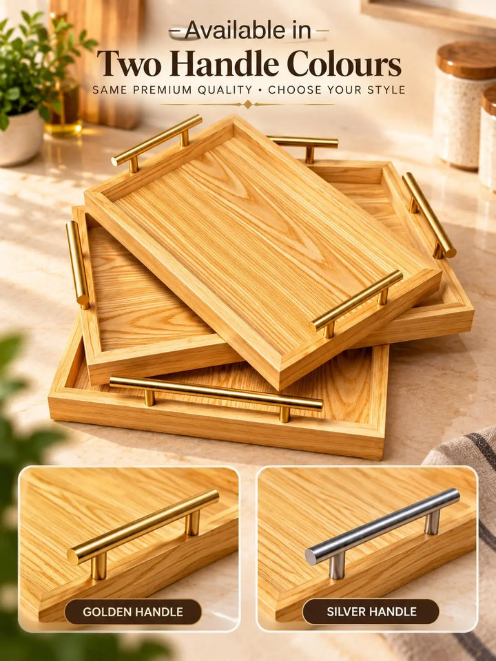 Natural Wooden Tray Set with Steel Handles — Modern Premium Serving Set (Set of 3)