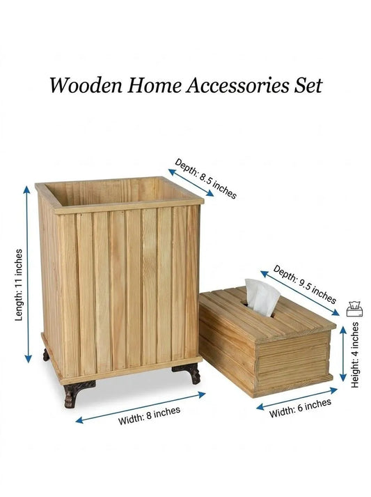 Wooden Tissue Box & Trash Basket Set | Premium Wooden Home Organizer