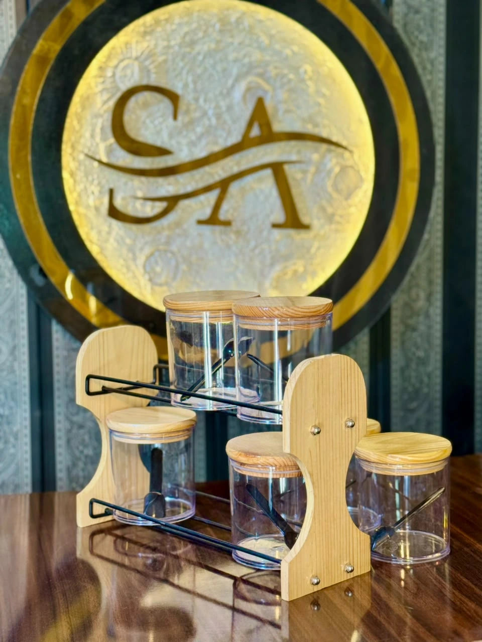 Modern wooden spice rack organizer with 6 transparent 400g jars and sturdy metal frame