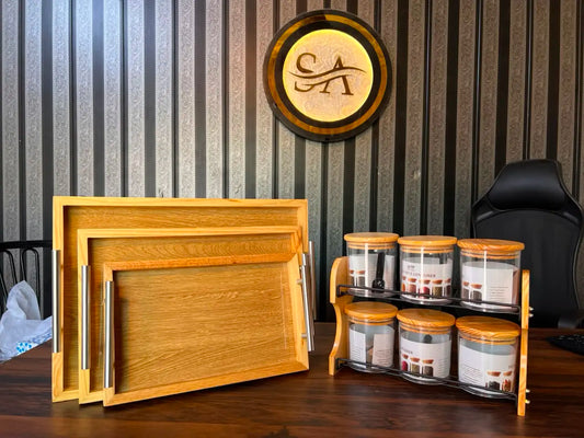 6-Piece Airtight Spice Rack or 3-Piece Natural Wooden Serving Tray Set with Steel Handles