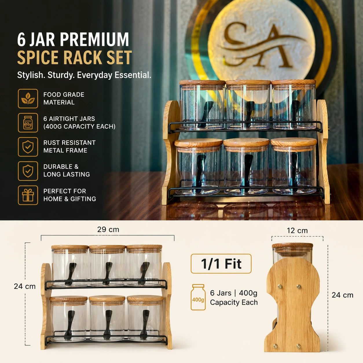 Dimensions of 6 jar wooden spice rack measuring 29cm x 24cm x 12cm with 400g capacity jars