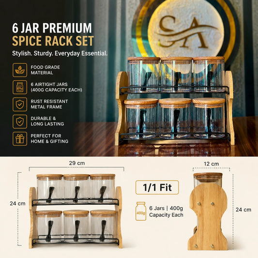 Dimensions of 6 jar wooden spice rack measuring 29cm x 24cm x 12cm with 400g capacity jars