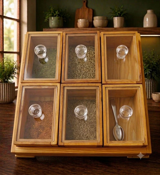 6 Piece Wooden Spice Rack Set with Tray and Spoons