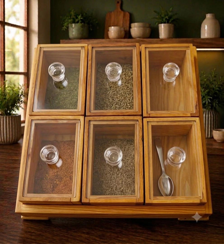 6 Piece Wooden Spice Rack Set with Tray and Spoons