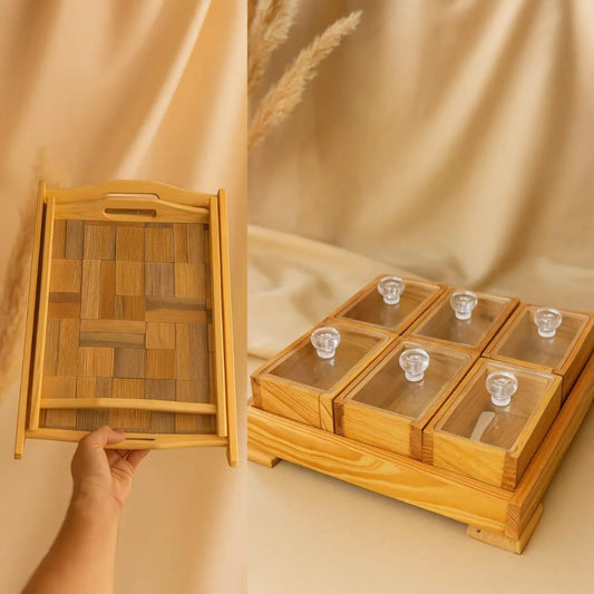 WOODEN TRAY SET - 6 PIECE SPICE RACK