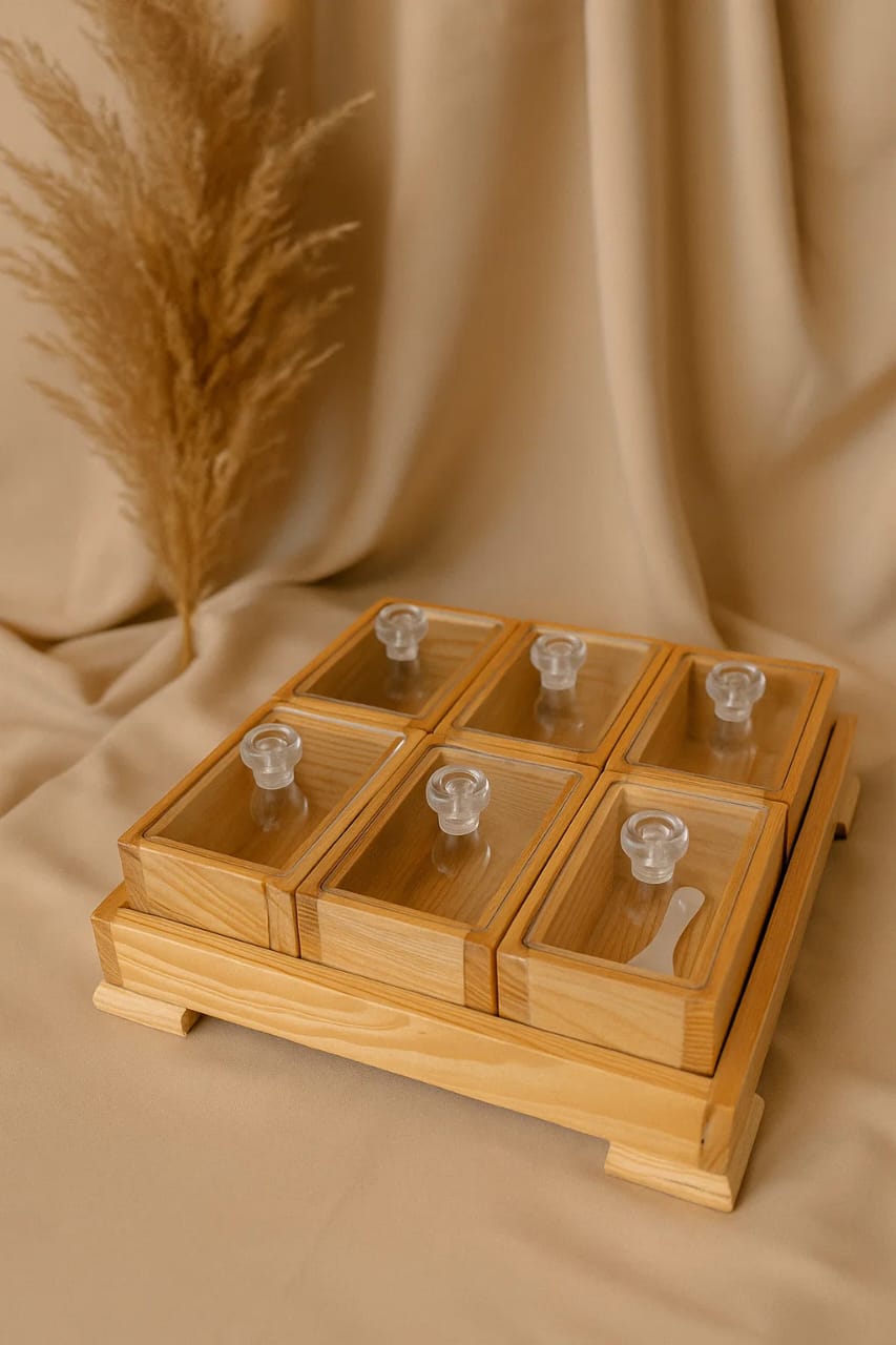 Wooden spice jar set with display rack kitchen organisation Pakistan