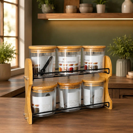 6 Jar Wooden Spice Rack Set with Airtight Containers & Spoons | Kitchen Counter Organizer