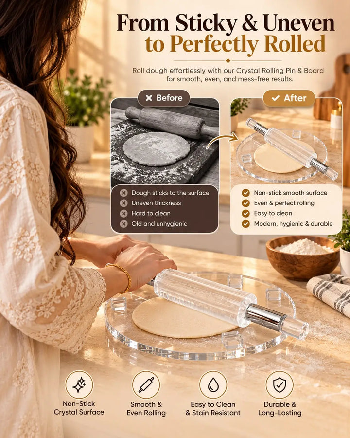 Crystal Acrylic Rolling Pin with Matching Board — Non-Stick Roti Rolling Set