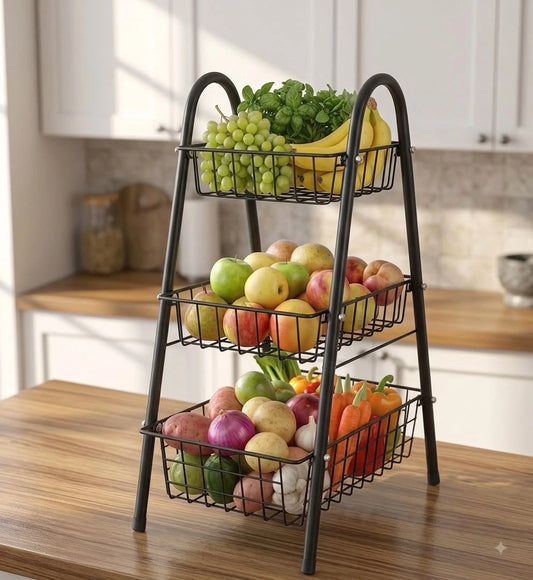 3 Tier Fruits Rack – Black Steel Fruit & Vegetable Storage Organizer