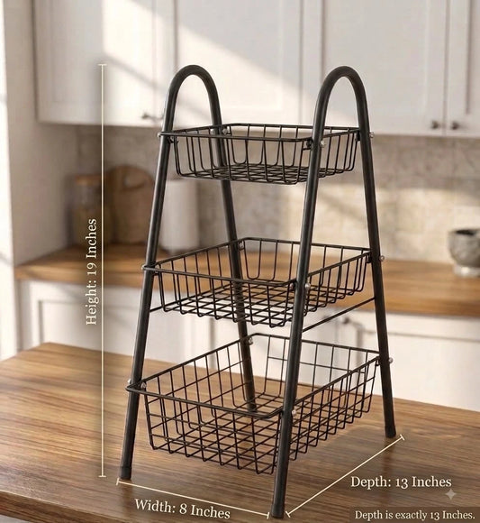 3 Tier Fruits Rack – Black Steel Fruit & Vegetable Storage Organizer