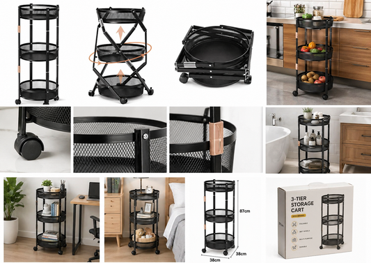 3-Tier Foldable Metal Storage Trolley with Wheels – Space Saving Organizer Rack