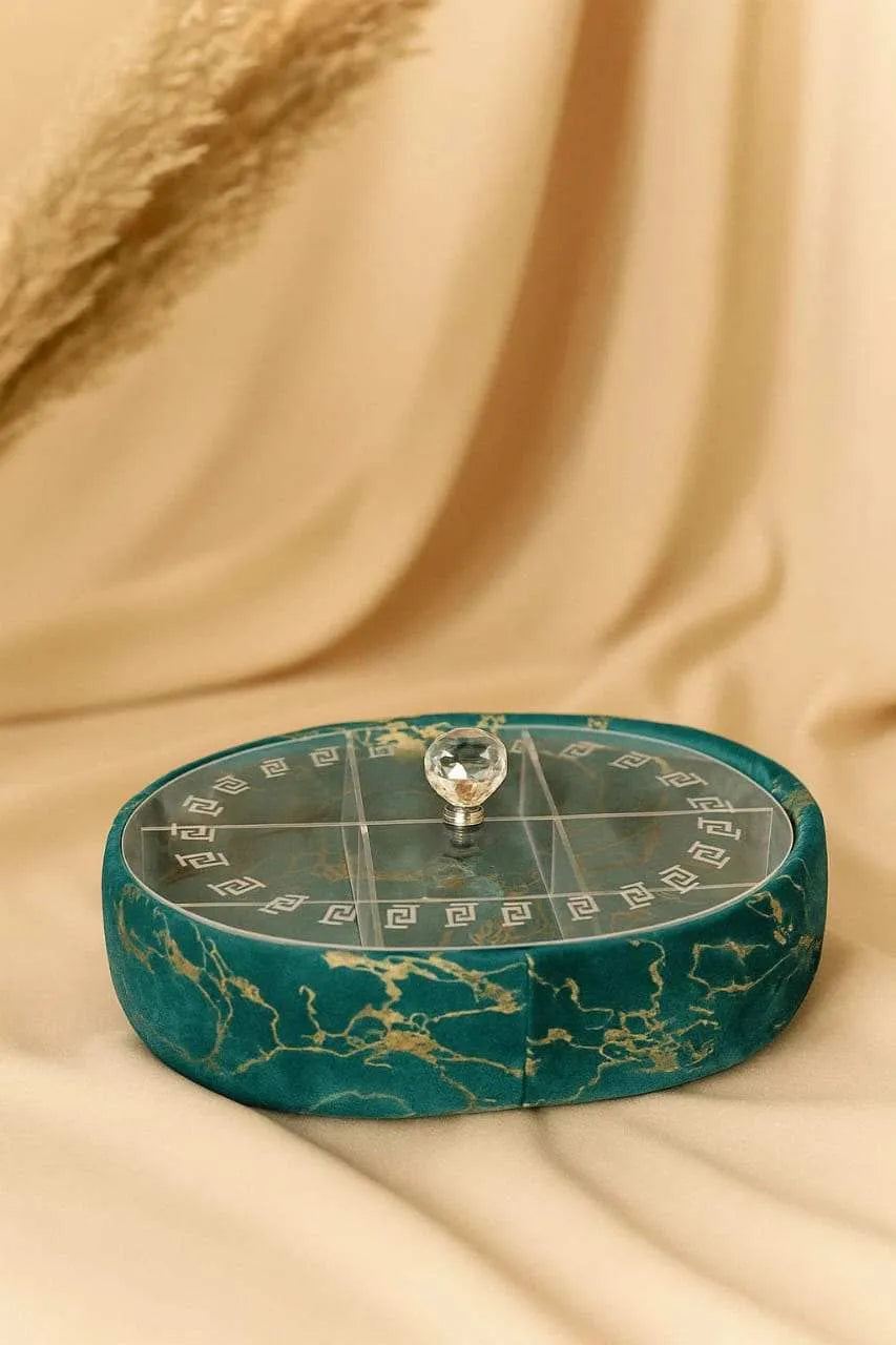 Dark teal velvet hotpot with gold pattern and transparent lid for dry fruits serving