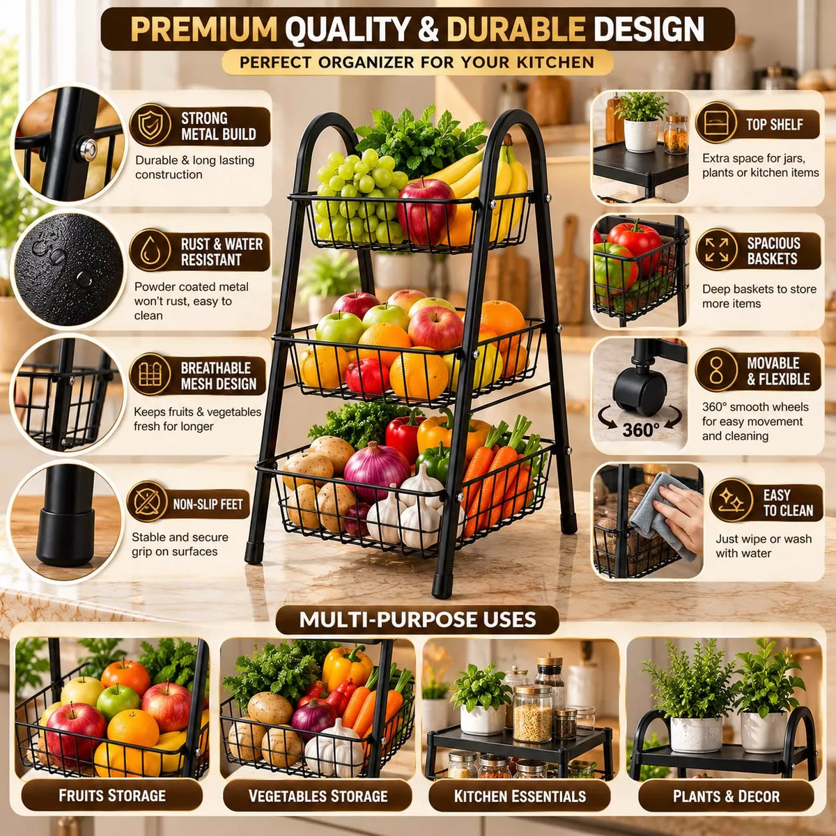 3-Tier Fruit Basket & Vegetable Basket Rack Combo – 3 Tier Kitchen Organizer