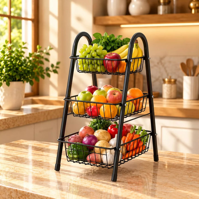 3 Tier Fruits Rack – Black Steel Fruit & Vegetable Storage Organizer