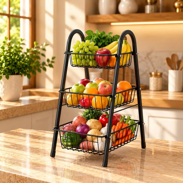 3 Tier Fruits Rack – Black Steel Fruit & Vegetable Storage Organizer