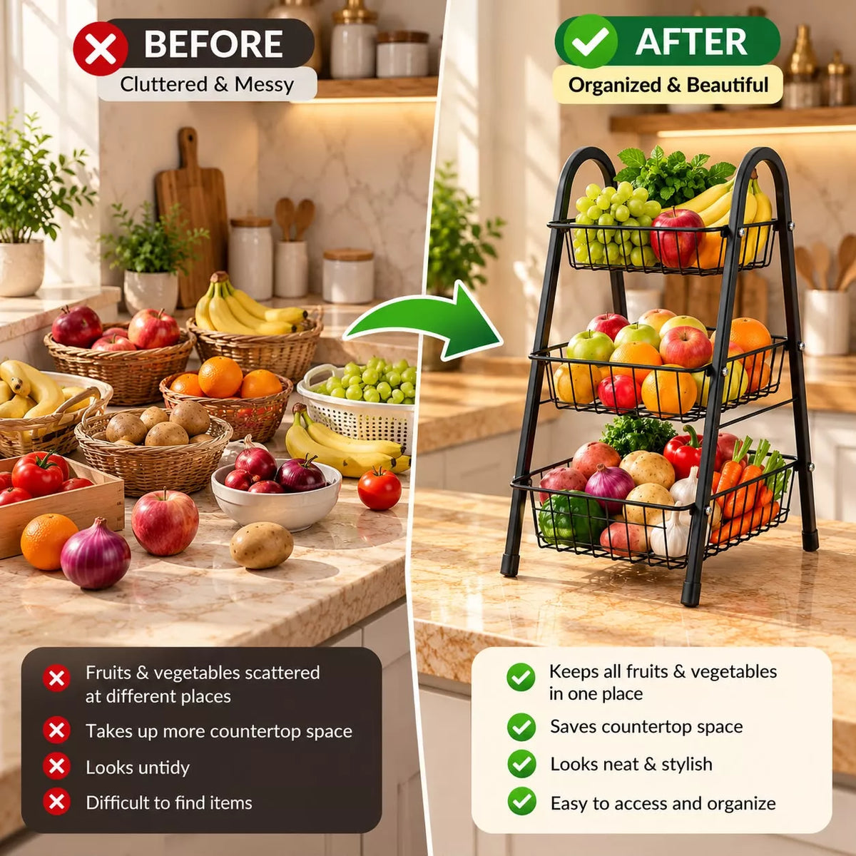 3-Tier Fruit Basket & Vegetable Basket Rack Combo – 3 Tier Kitchen Organizer