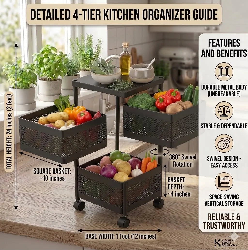 Multi-Tier Metal Vegetable Storage Rack with Wheels | Kitchen Organizer | 3,4,5 Tier