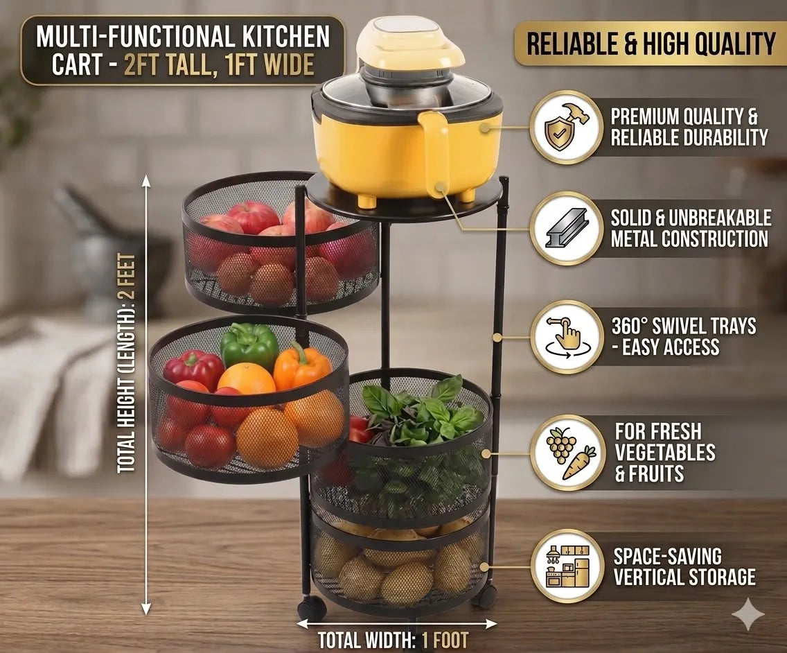 Multi-Tier Metal Vegetable Storage Rack with Wheels | Kitchen Organizer | 3,4,5 Tier
