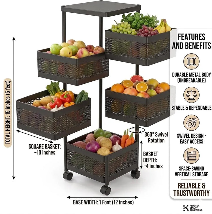 Multi-Tier Metal Vegetable Storage Rack with Wheels | Kitchen Organizer | 3,4,5 Tier