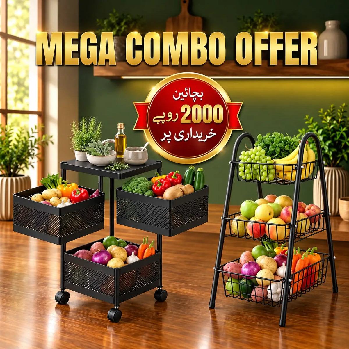 3-Tier Fruit Basket & Vegetable Basket Rack Combo – 3 Tier Kitchen Organizer