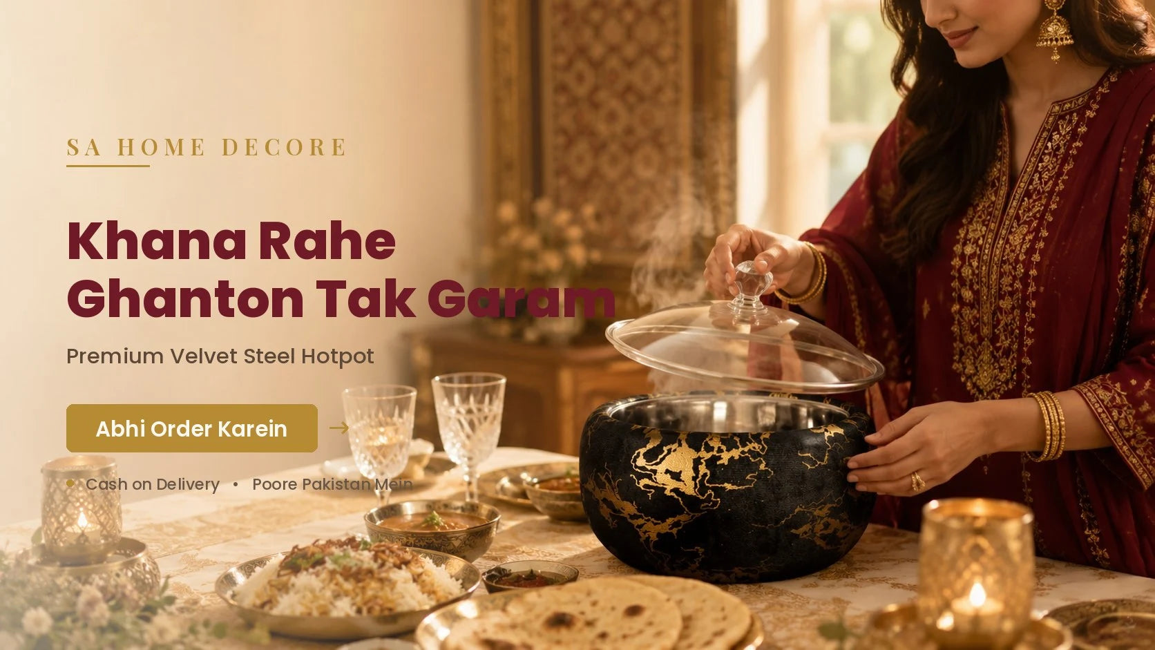 Turkish velvet steel bowl hotpot in black and gold keeping a dawat meal warm — SA Home Decore, Pakistan