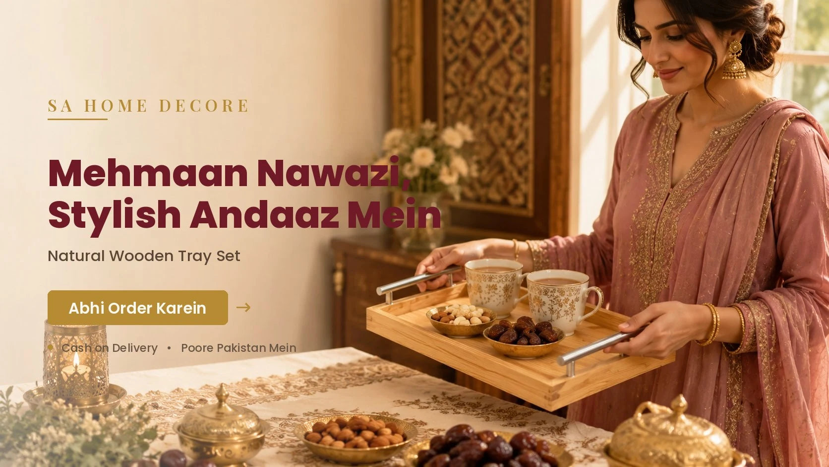 Natural wooden serving tray set with chai and dry fruits for guest hosting — SA Home Decore, Pakistan