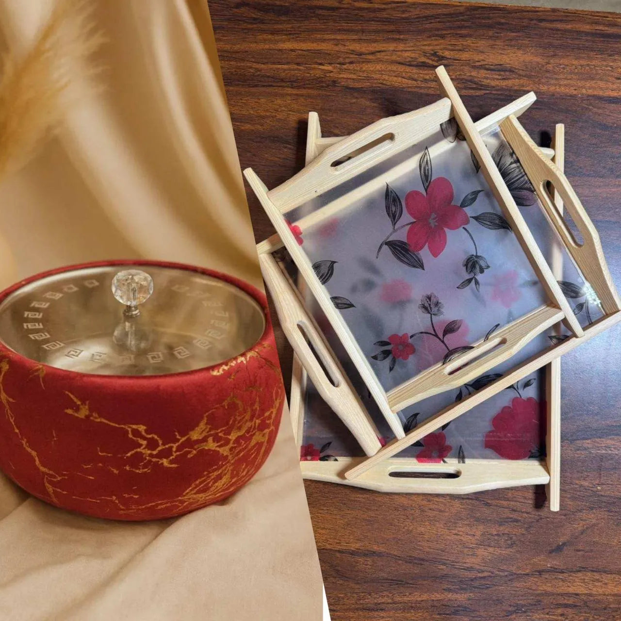 Velvet hotpot and wooden acrylic flower tray set bundle Pakistan