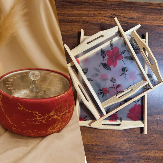 STEEL BOWL HOTPOT - WOODEN ACRYLIC TRAY SET