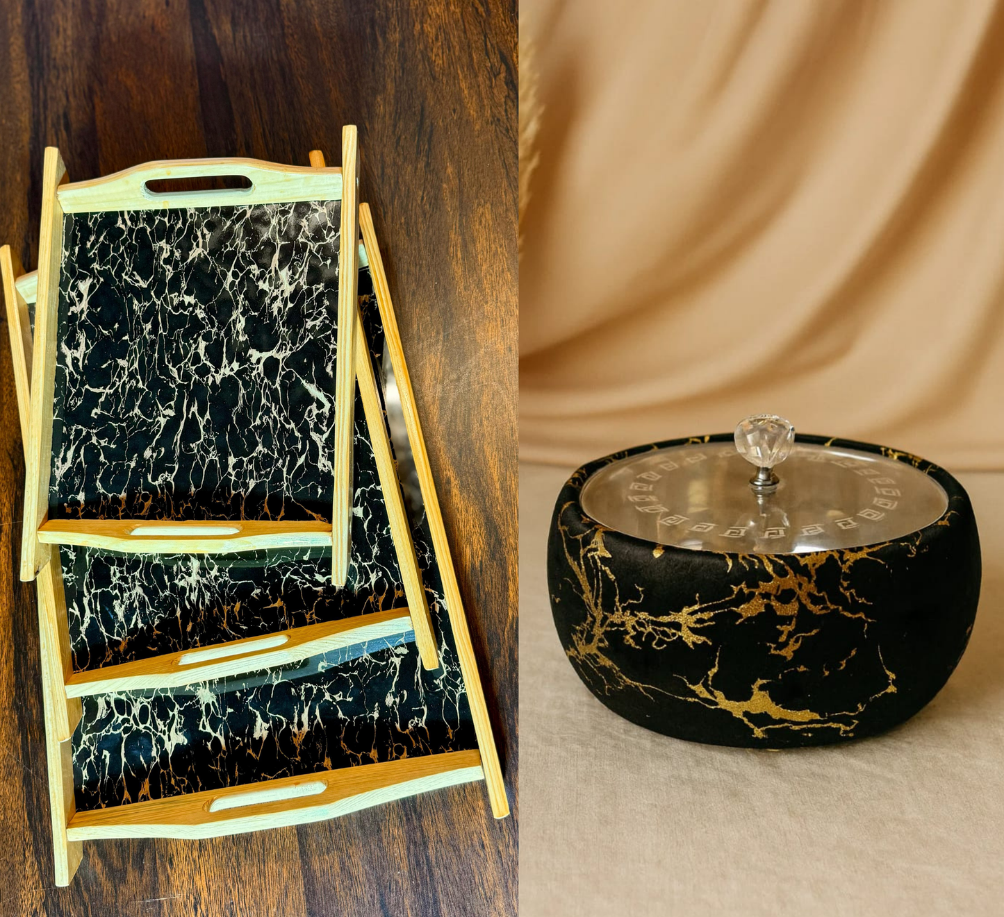 Wooden tray set and velvet steel bowl hotpot bundle Pakistan