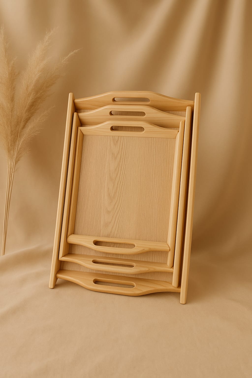 Wooden tray set large medium small natural wood handles Pakistan