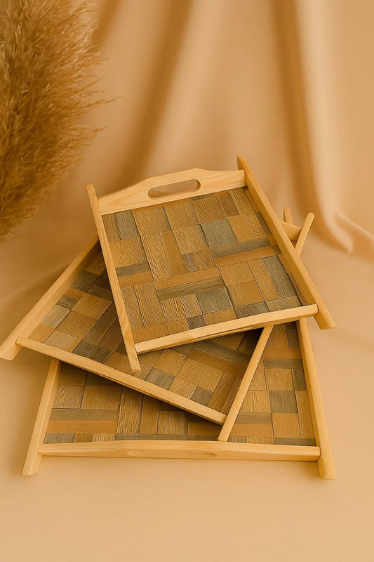 Natural wooden serving tray set box design raised edges Pakistan