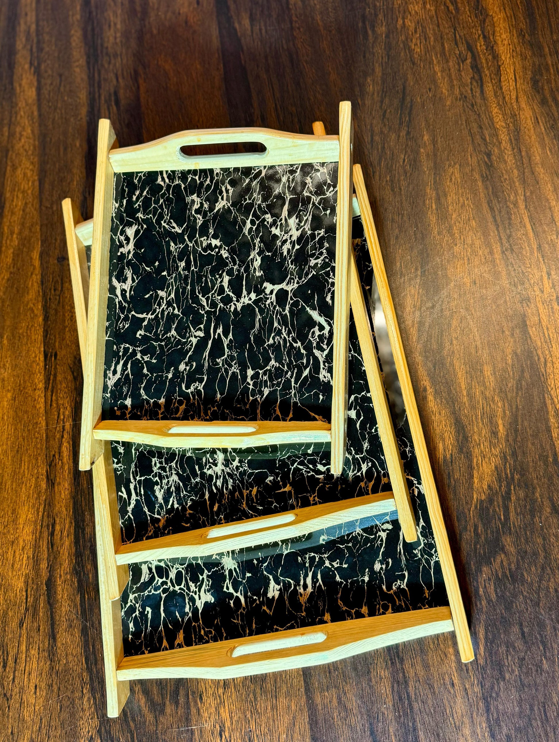 Black marble print wooden tray set large medium small Pakistan