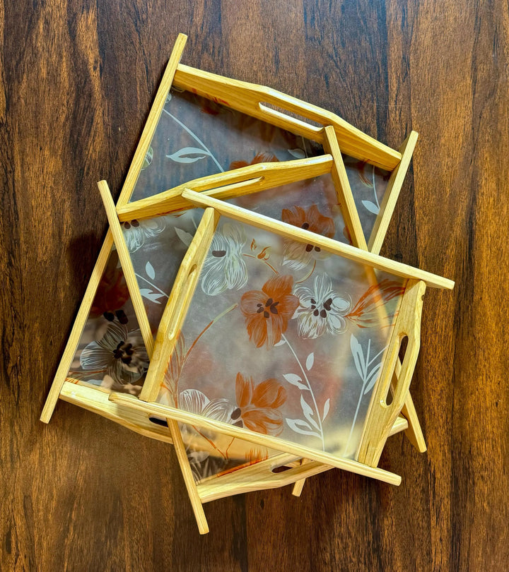 Floral acrylic tray set with wooden spice jar rack kitchen Pakistan